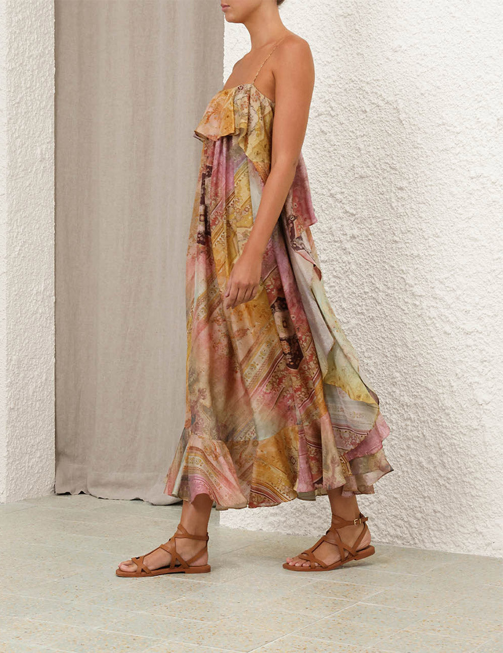 Bohemian Patchwork - Printed Ruffled Spaghetti - Strap Dress