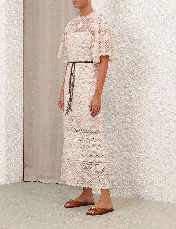 Diamond - Lattice Lace Waist - Tie Midi Dress