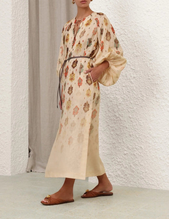 Bohemian - Style Printed Tie - Up Linen Dress