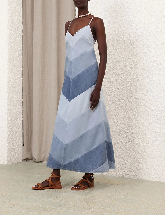 Denim - Patchwork V - Neck Spaghetti - Strap Maxi Dress