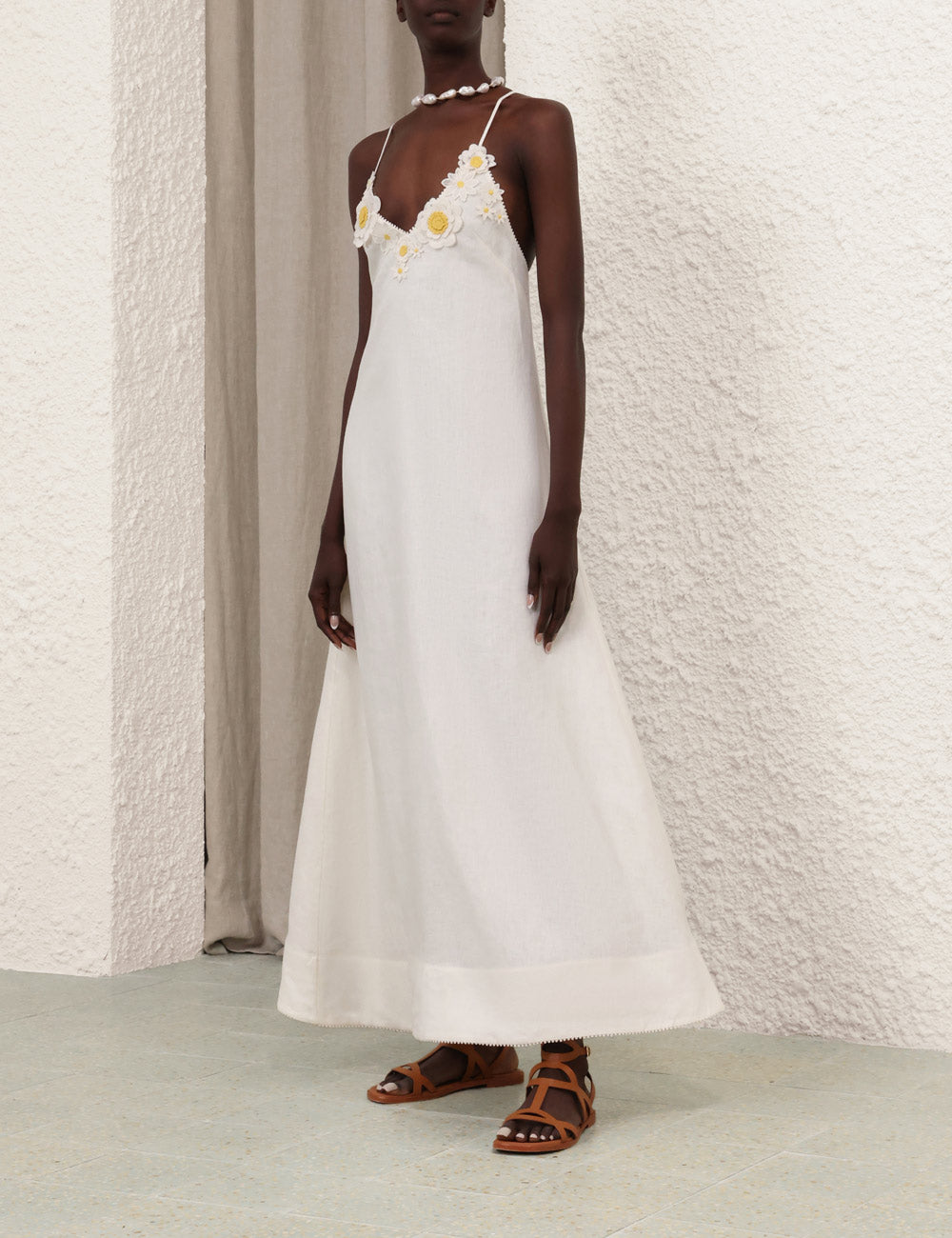Daisy - Embellished Deep - V Spaghetti - Strap White Dress