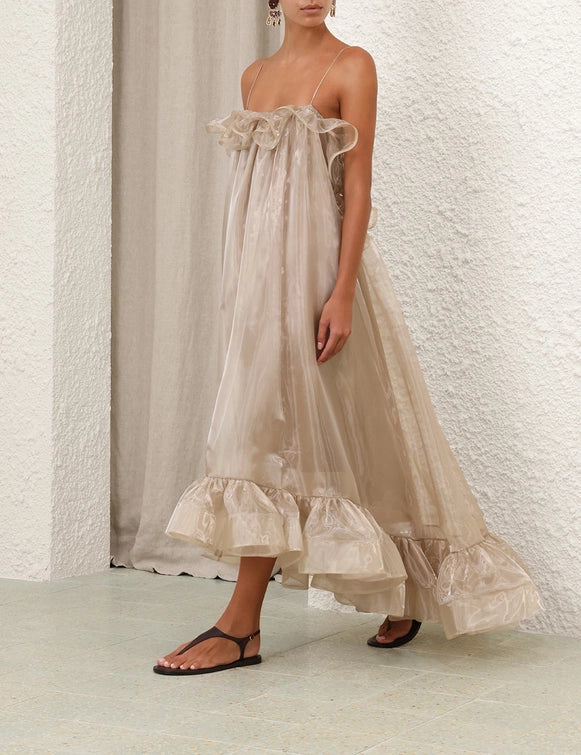 Shimmery Organza Off - Shoulder Ruffled Dress