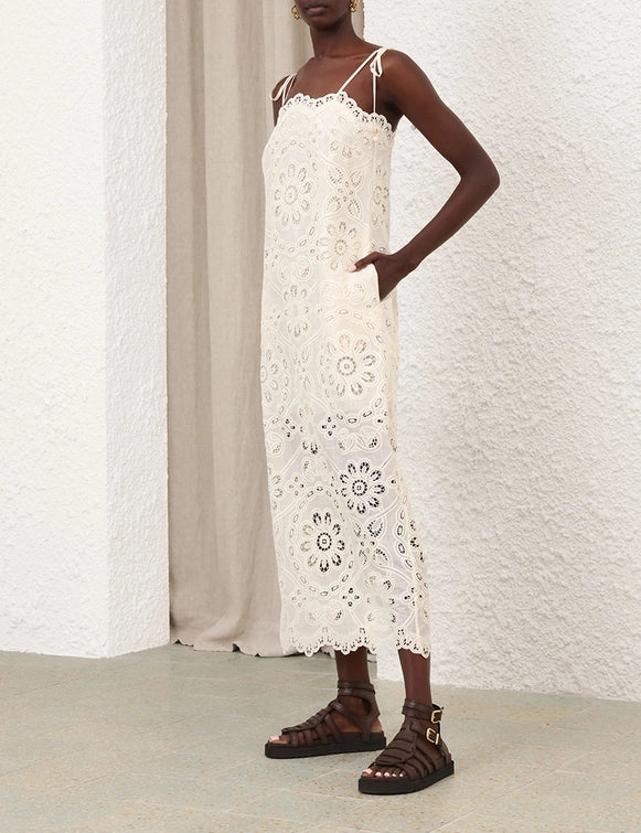 Ivory White Lace - Embroidered Spaghetti - Strap Dress