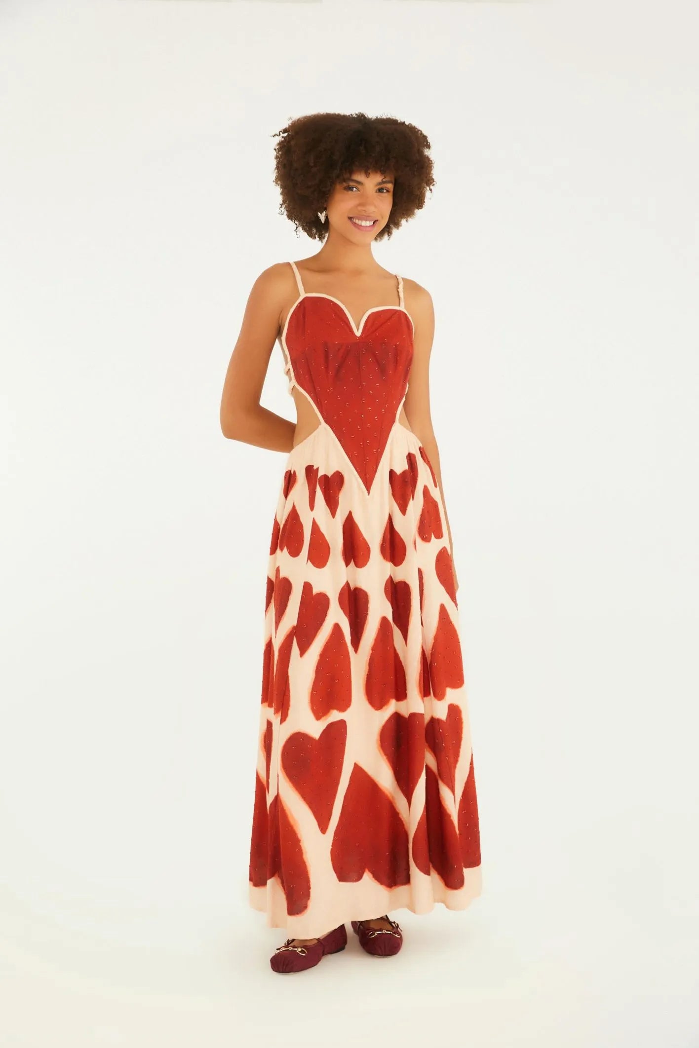 Heart - Printed Cutout Spaghetti - Strap Maxi Dress