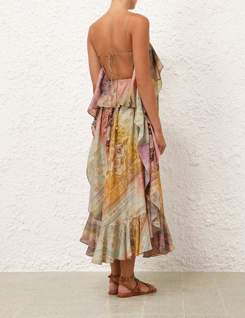 Bohemian Patchwork - Printed Ruffled Spaghetti - Strap Dress