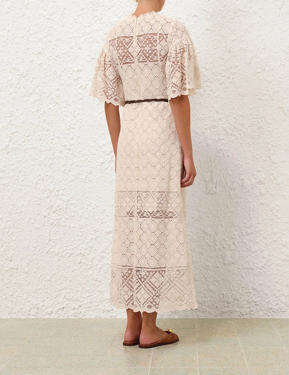 Diamond - Lattice Lace Waist - Tie Midi Dress