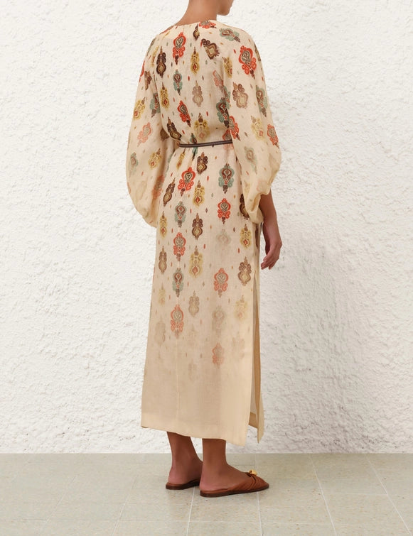 Bohemian - Style Printed Tie - Up Linen Dress