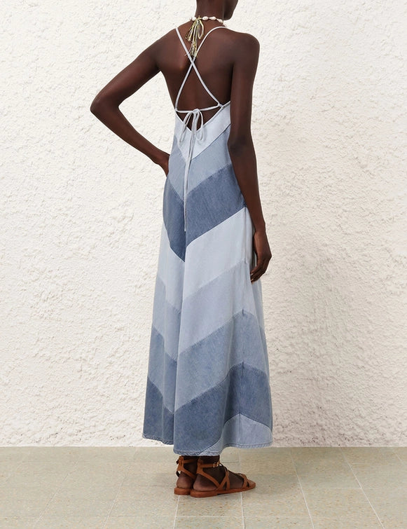 Denim - Patchwork V - Neck Spaghetti - Strap Maxi Dress