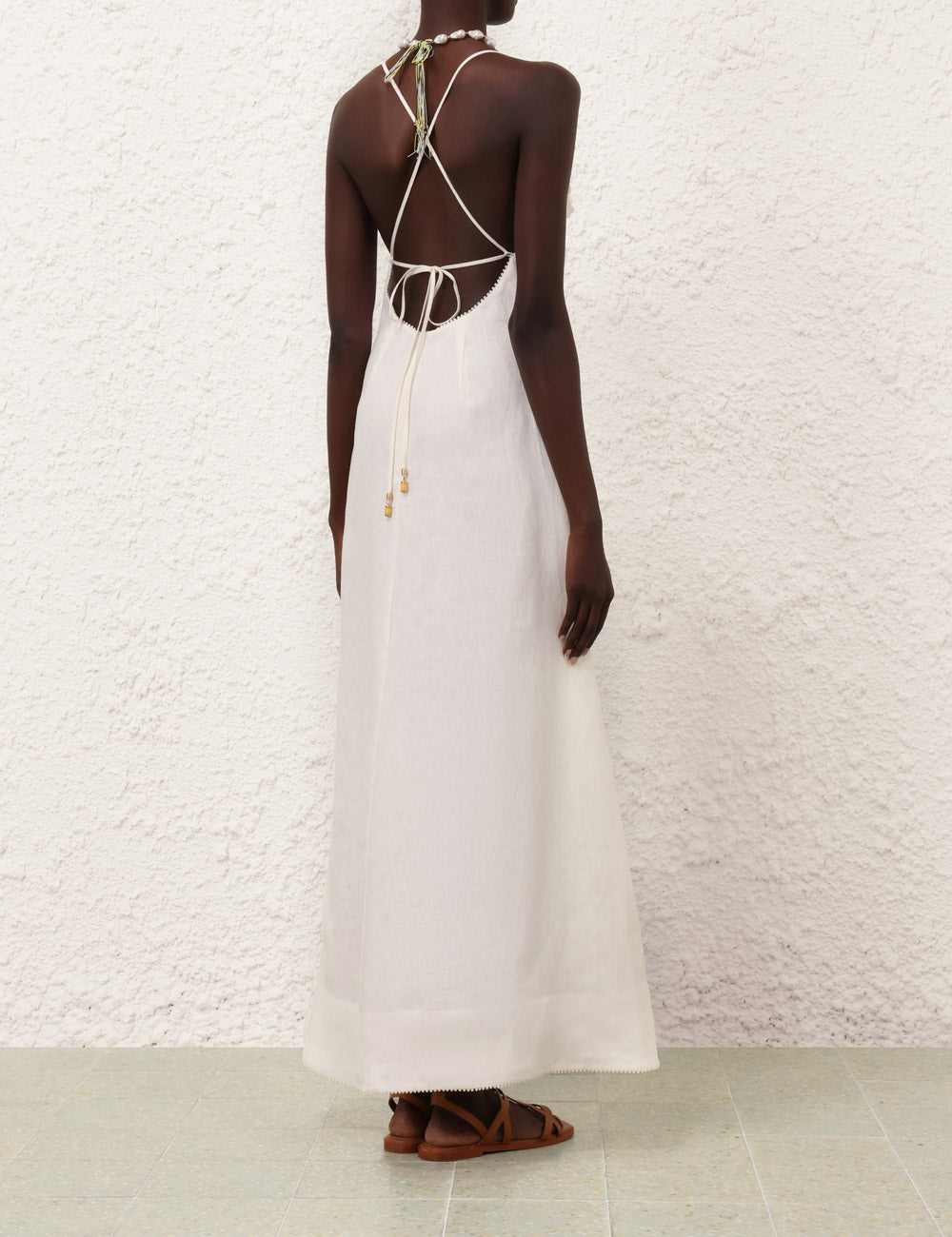 Daisy - Embellished Deep - V Spaghetti - Strap White Dress