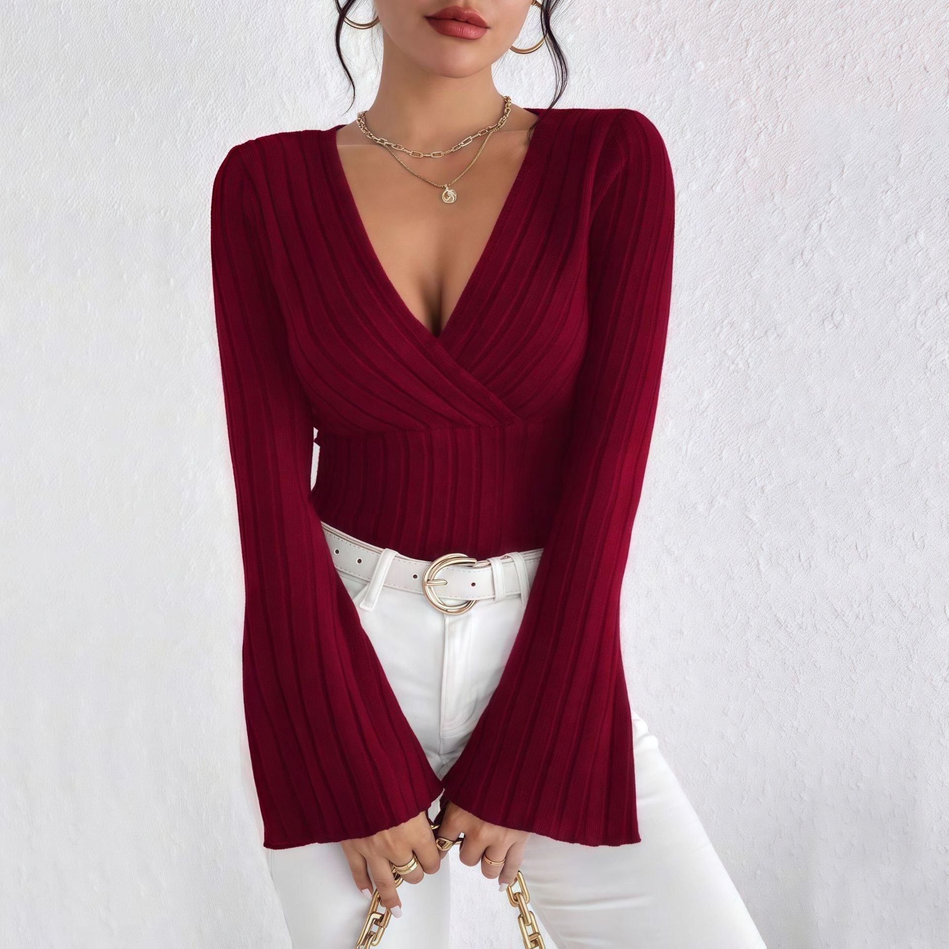 Deep - V Cross - Neck Flared - Sleeve Knit Top