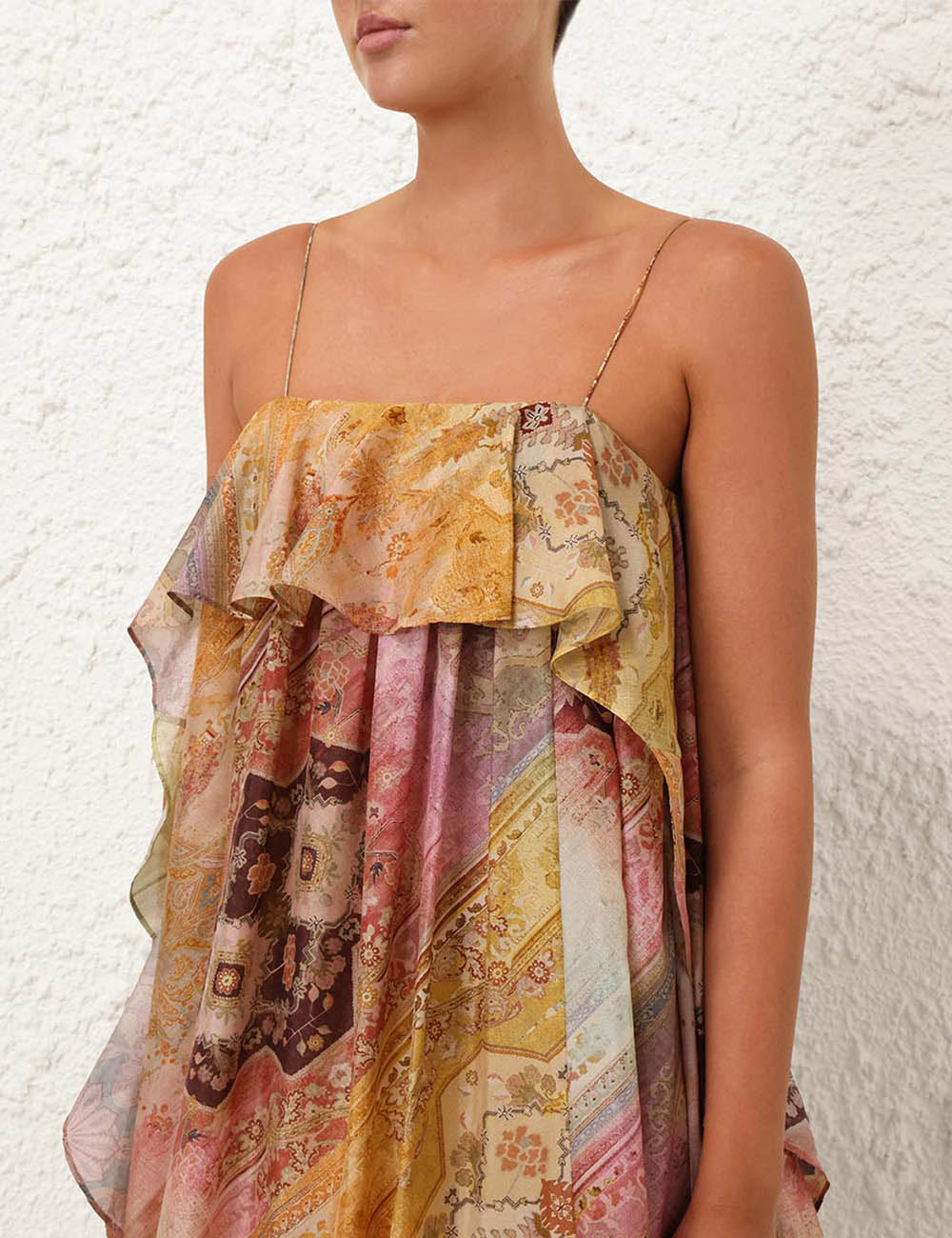 Bohemian Patchwork - Printed Ruffled Spaghetti - Strap Dress