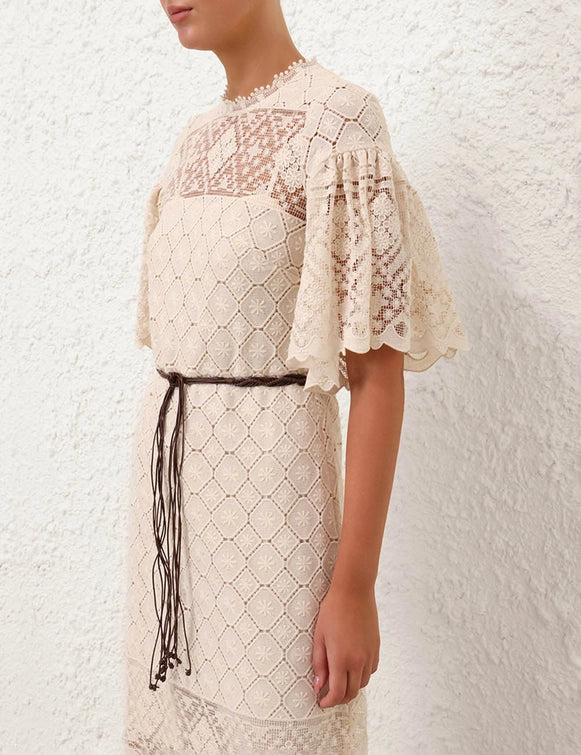 Diamond - Lattice Lace Waist - Tie Midi Dress