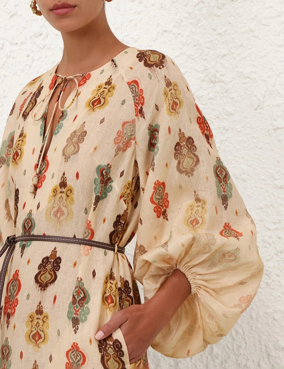 Bohemian - Style Printed Tie - Up Linen Dress