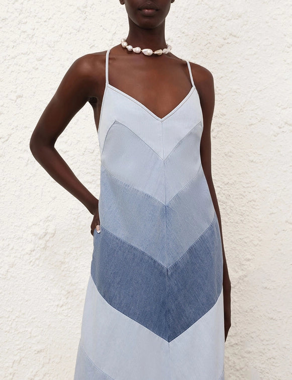 Denim - Patchwork V - Neck Spaghetti - Strap Maxi Dress