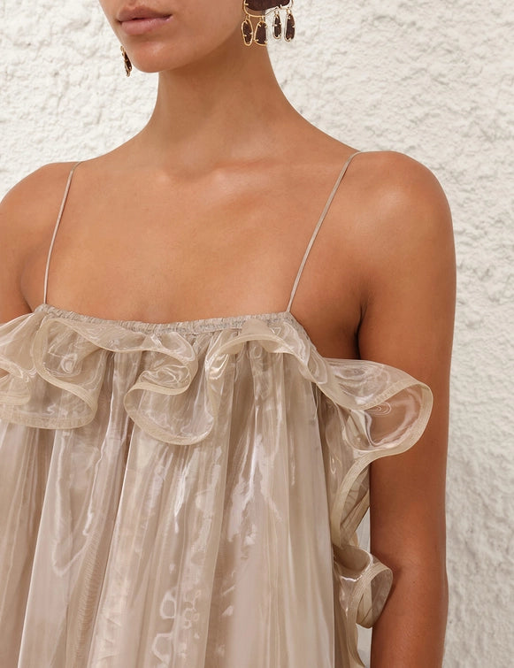 Shimmery Organza Off - Shoulder Ruffled Dress