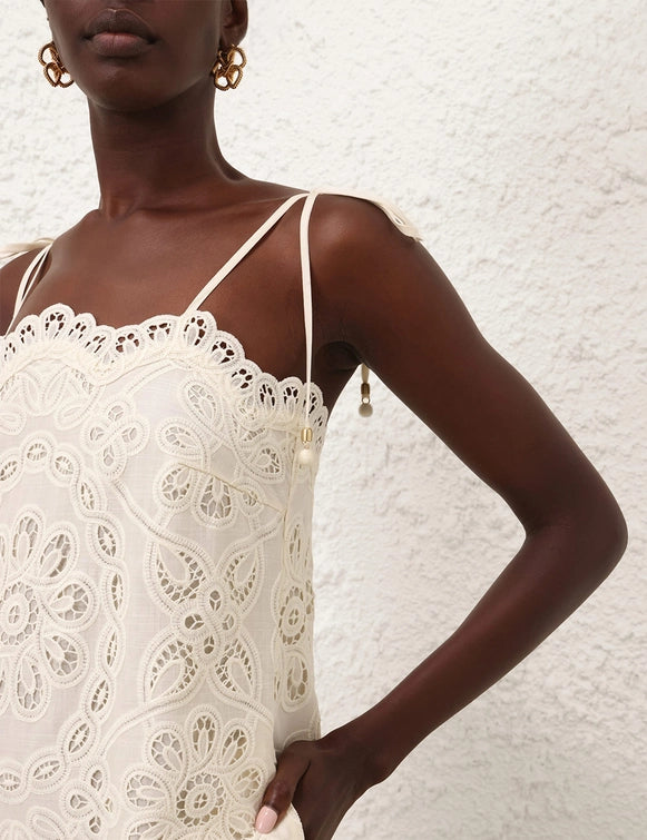 Ivory White Lace - Embroidered Spaghetti - Strap Dress