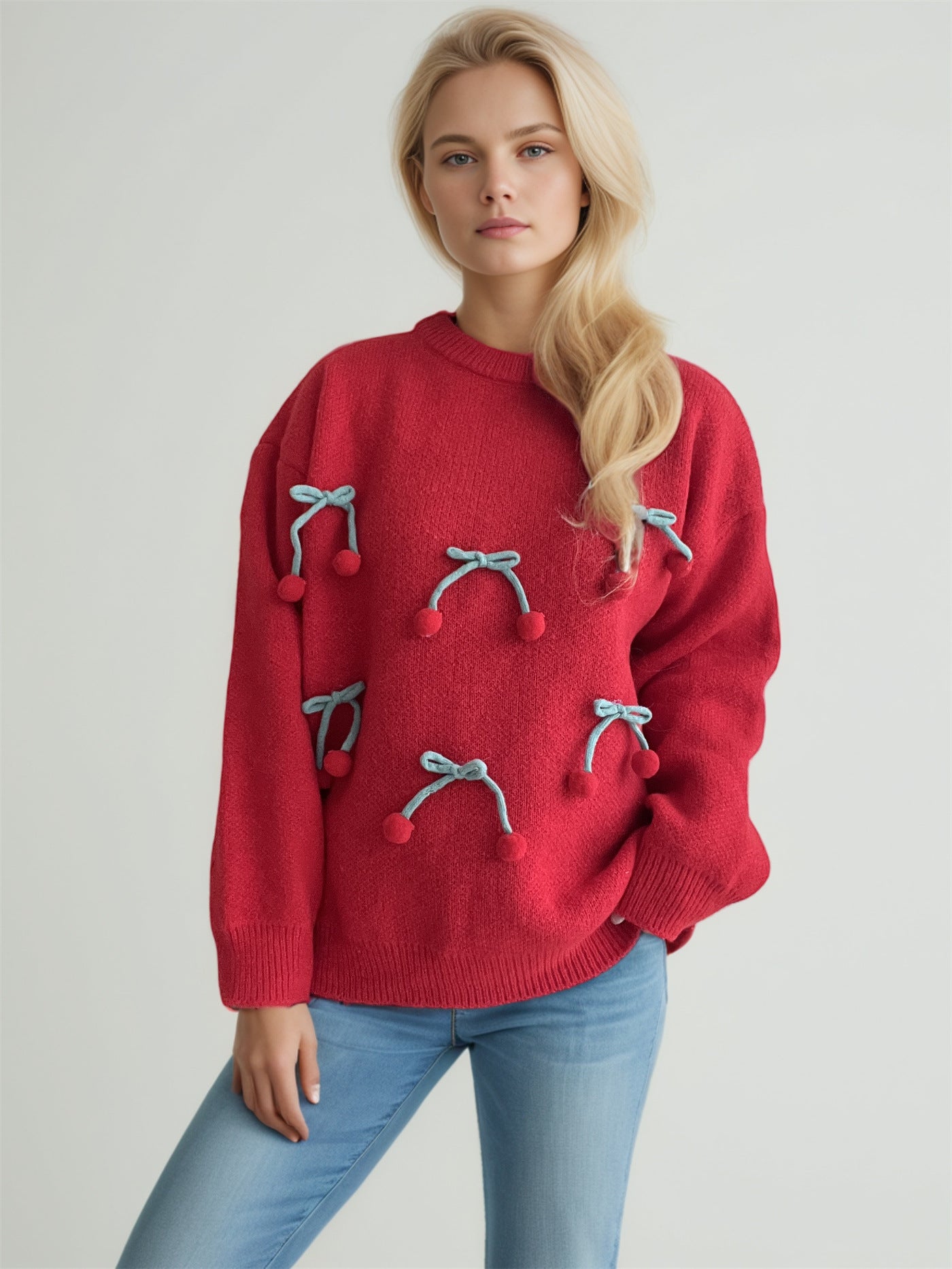 Color - Blocked Three - Dimensional Cherry Knitted Loose Pullover Sweater