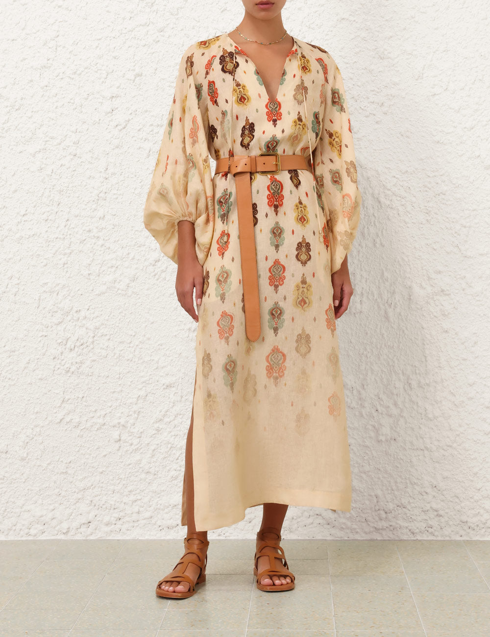 Bohemian - Style Printed Tie - Up Linen Dress