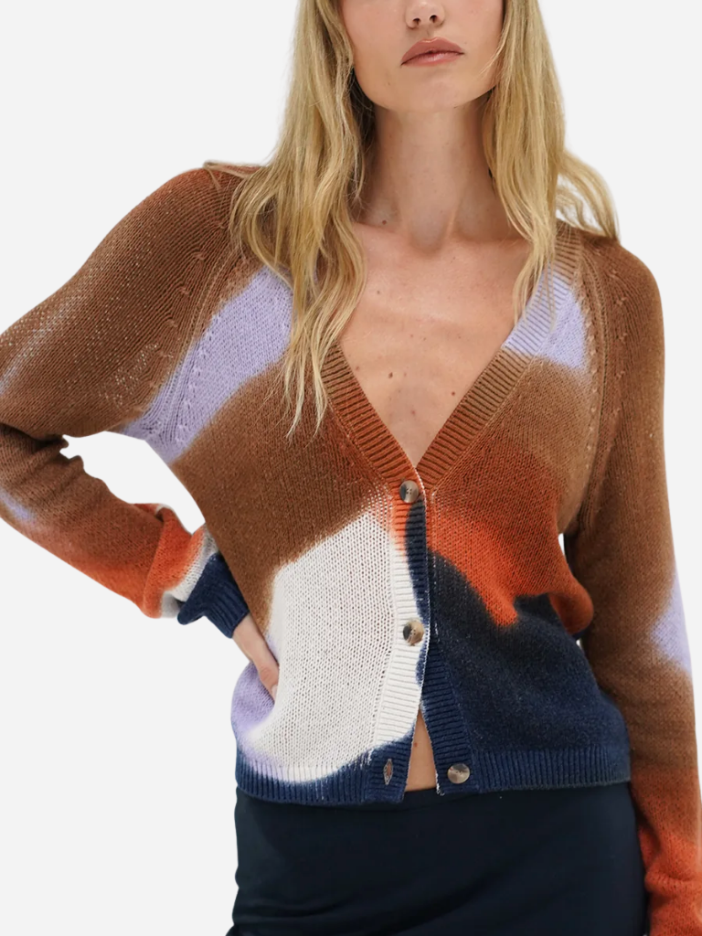 Color - Block Blended V - Neck Knit Cardigan