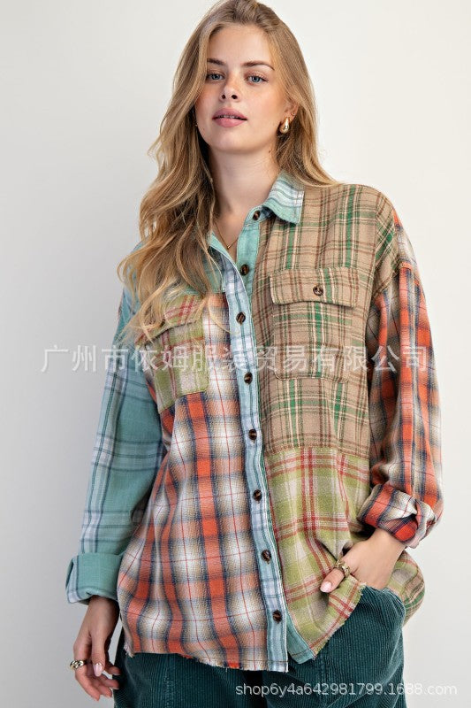 Color - Blocked Plaid Retro Loose Shirt