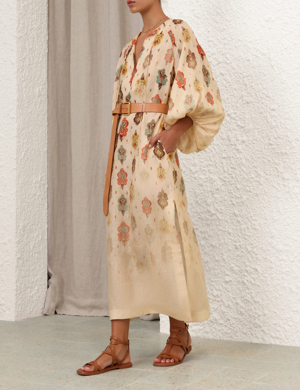 Bohemian - Style Printed Tie - Up Linen Dress