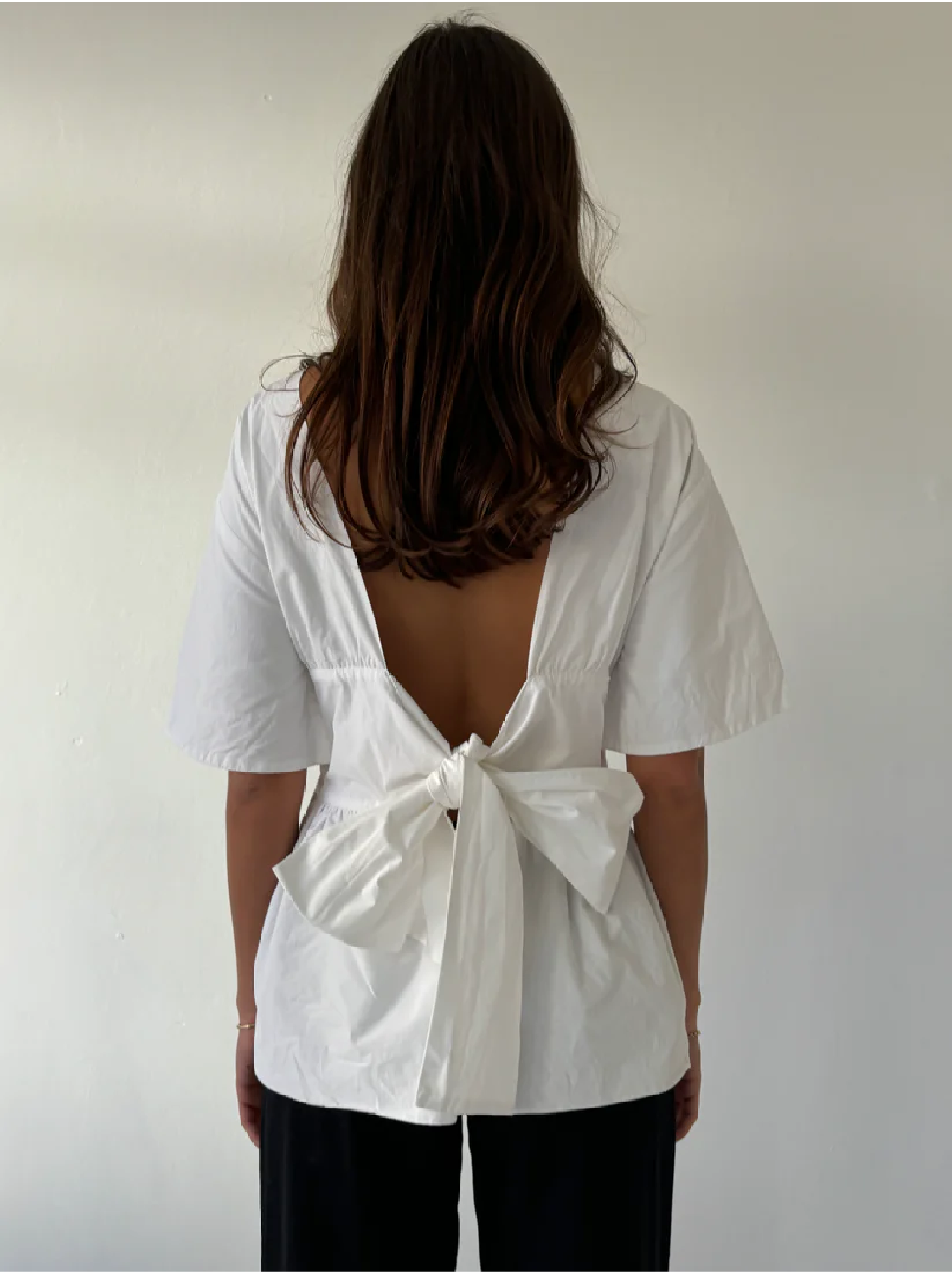 White Shirt with Open Back, Bow Detail & Waist - Cinching