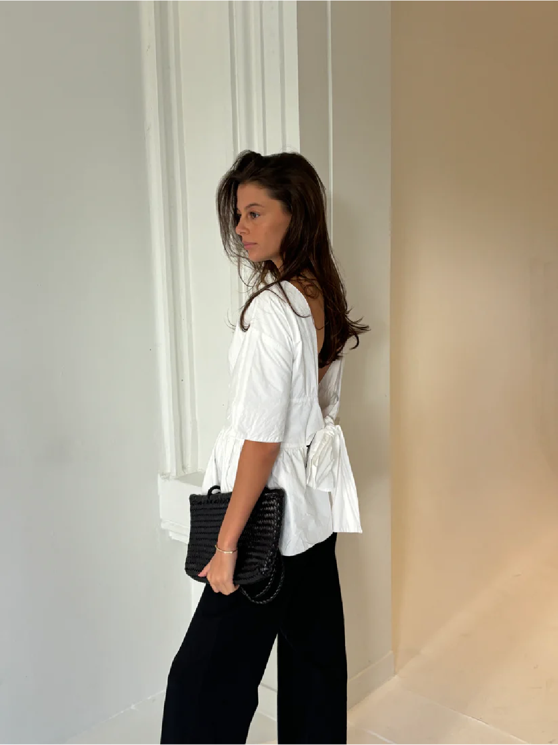 White Shirt with Open Back, Bow Detail & Waist - Cinching