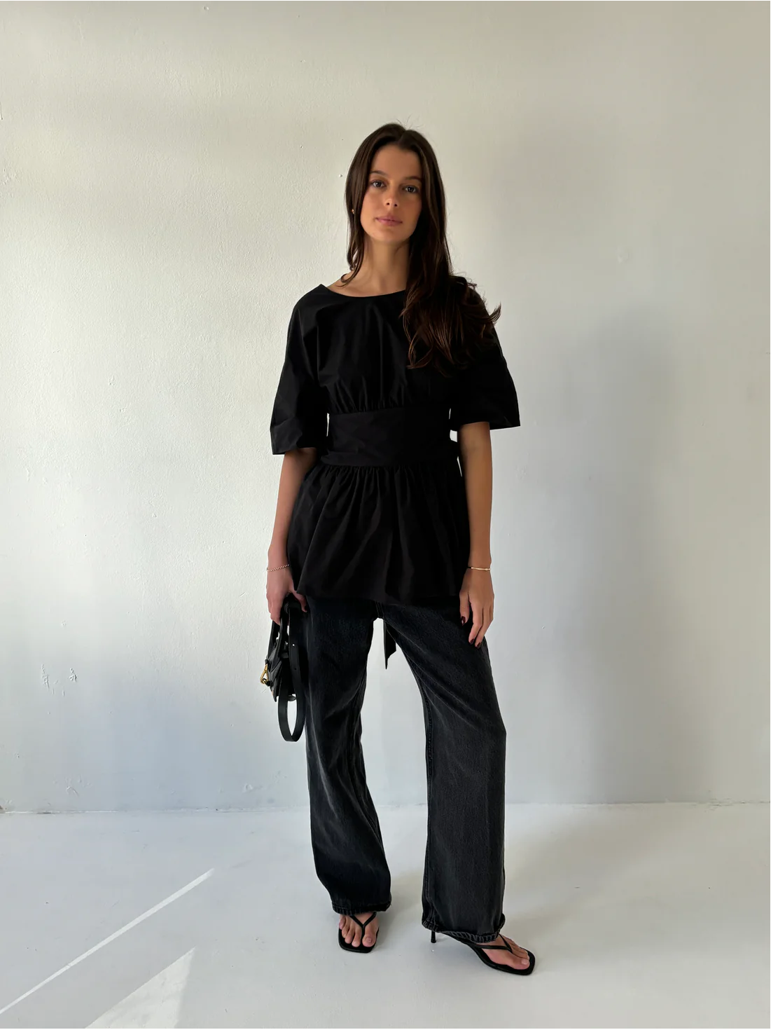 Black Shirt with Open Back, Bow Accent & Waist - Tying Design