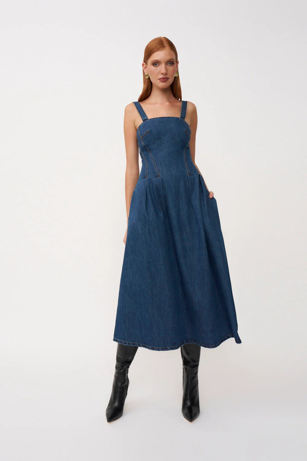 Vintage Waist - Cinching Denim Spaghetti - Strap Maxi Dress
