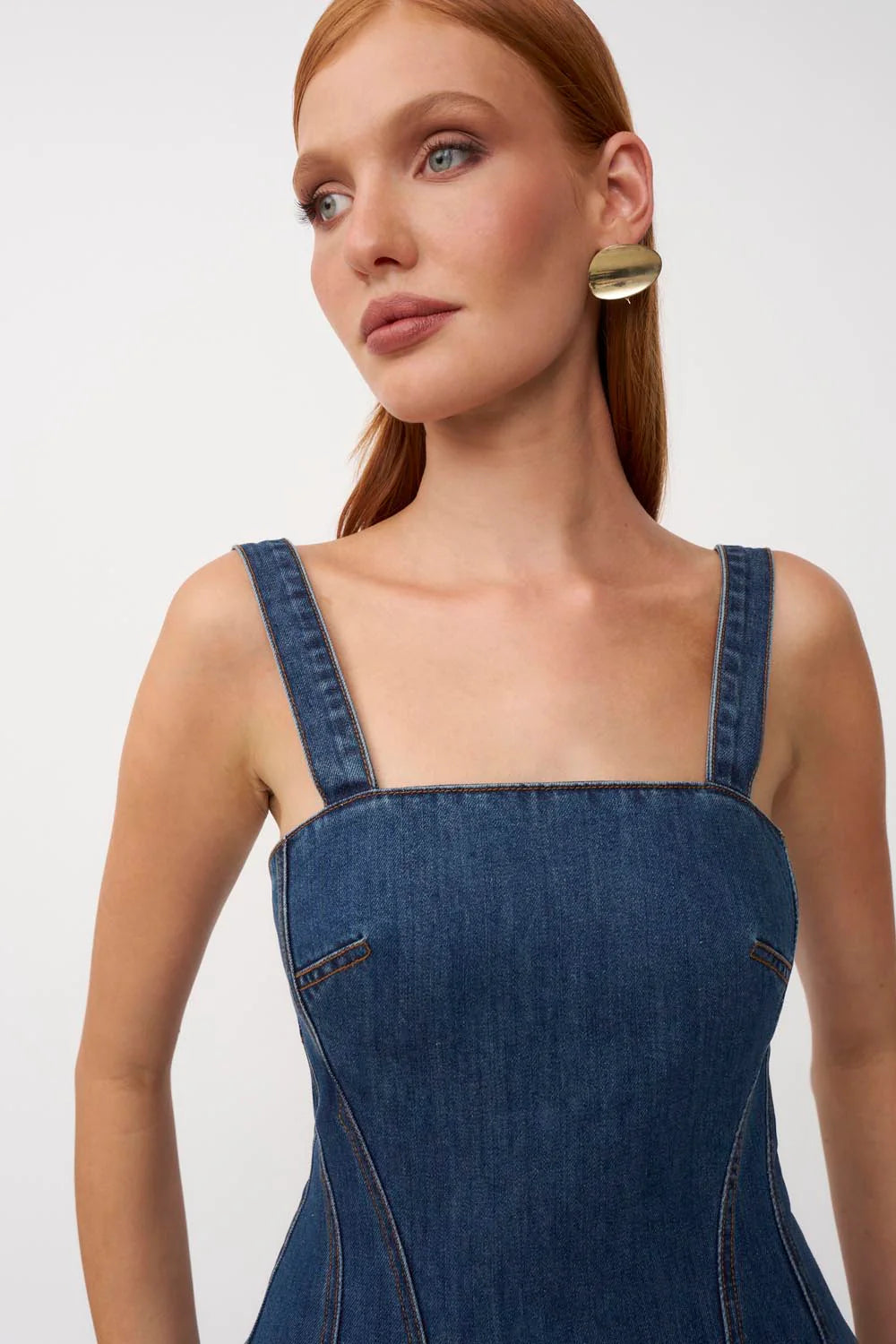 Vintage Waist - Cinching Denim Spaghetti - Strap Maxi Dress