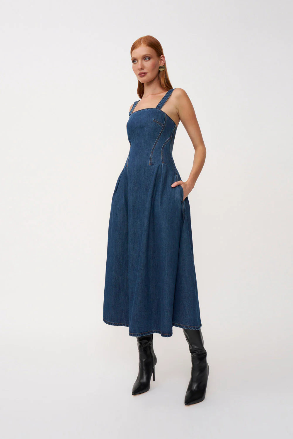 Vintage Waist - Cinching Denim Spaghetti - Strap Maxi Dress