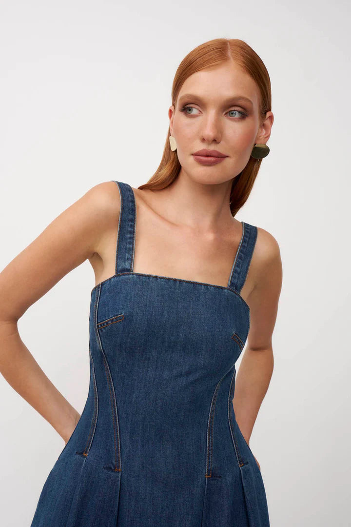 Vintage Waist - Cinching Denim Spaghetti - Strap Maxi Dress