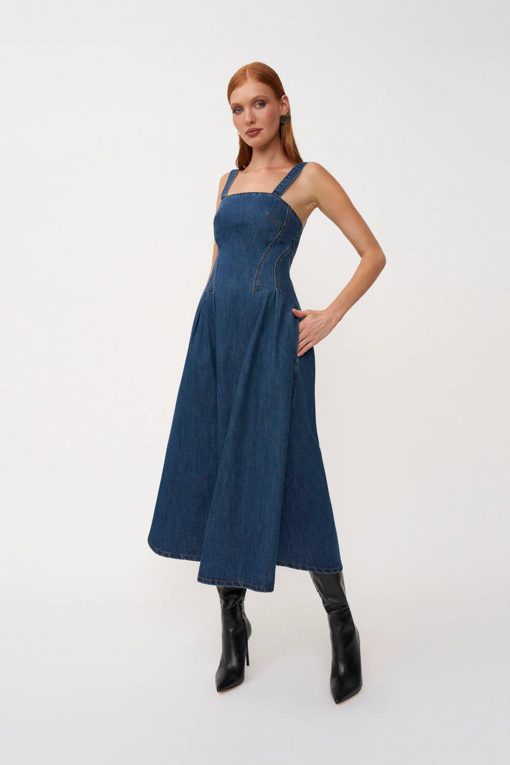 Vintage Waist - Cinching Denim Spaghetti - Strap Maxi Dress