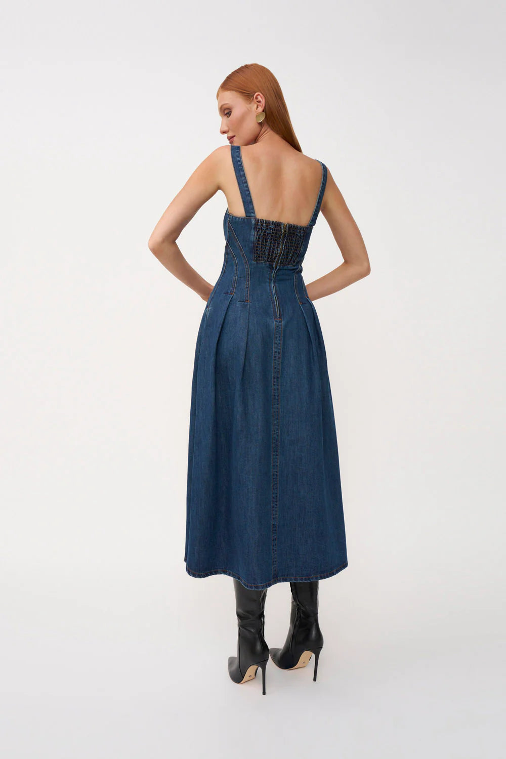 Vintage Waist - Cinching Denim Spaghetti - Strap Maxi Dress
