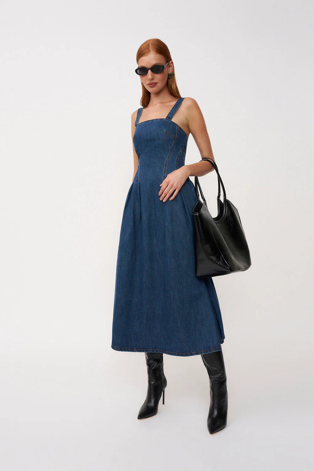 Vintage Waist - Cinching Denim Spaghetti - Strap Maxi Dress