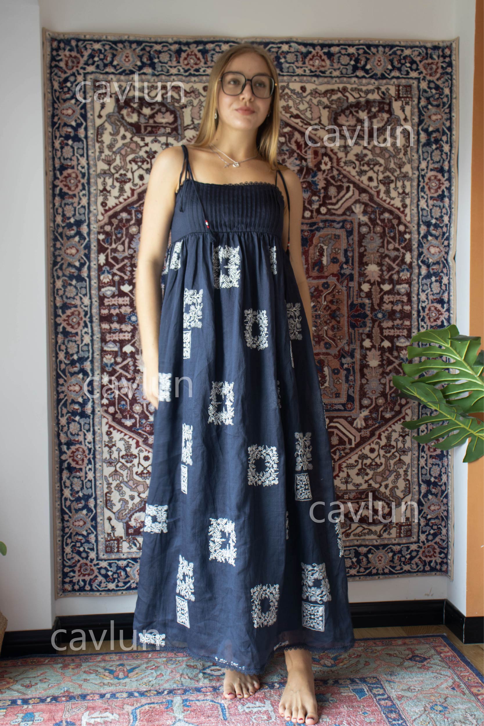 Navy Blue Geometric Print Strapless Maxi Dress