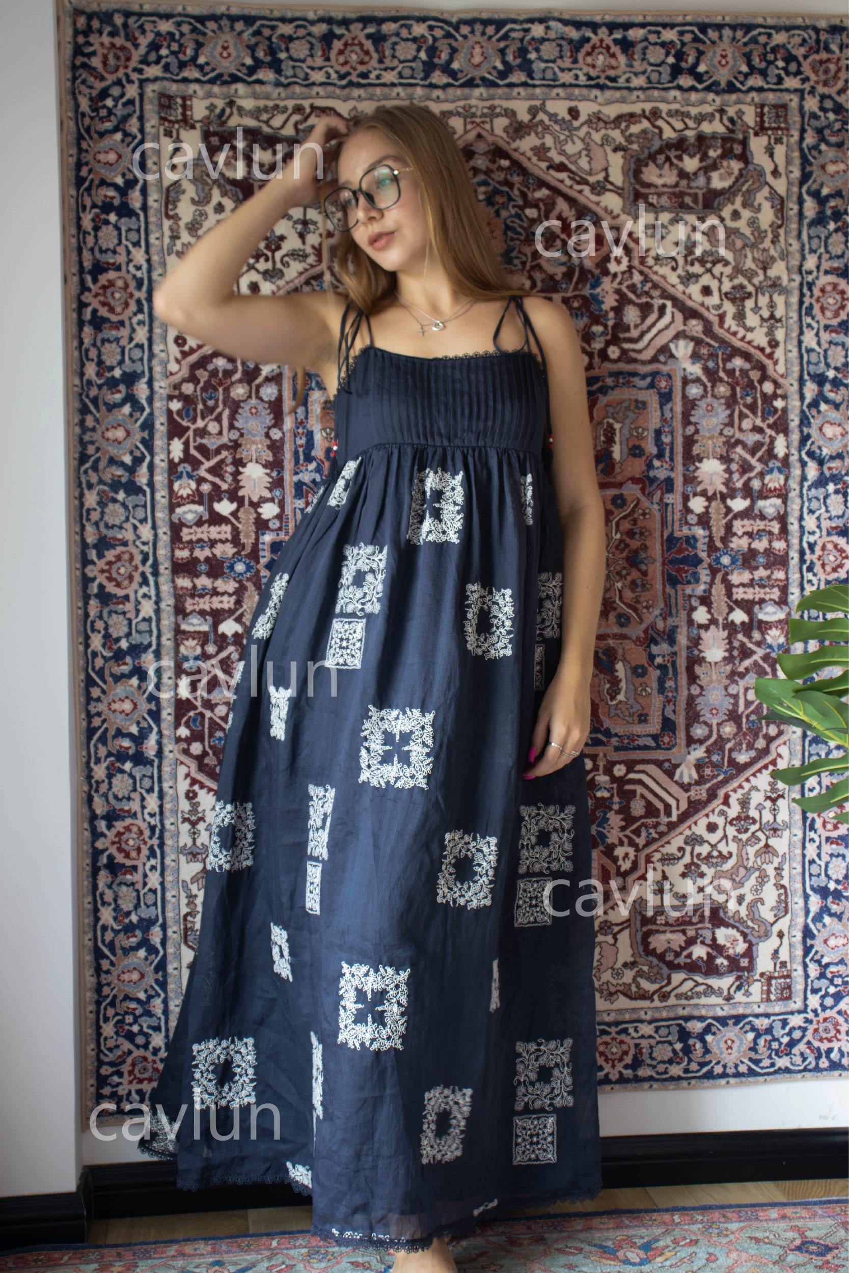 Navy Blue Geometric Print Strapless Maxi Dress