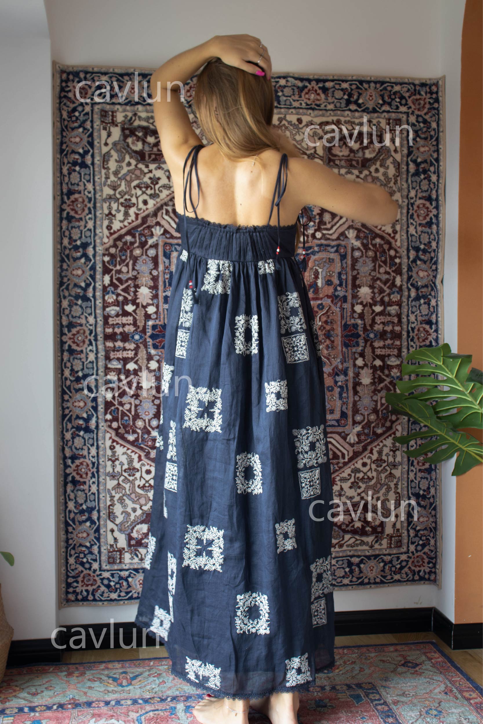 Navy Blue Geometric Print Strapless Maxi Dress