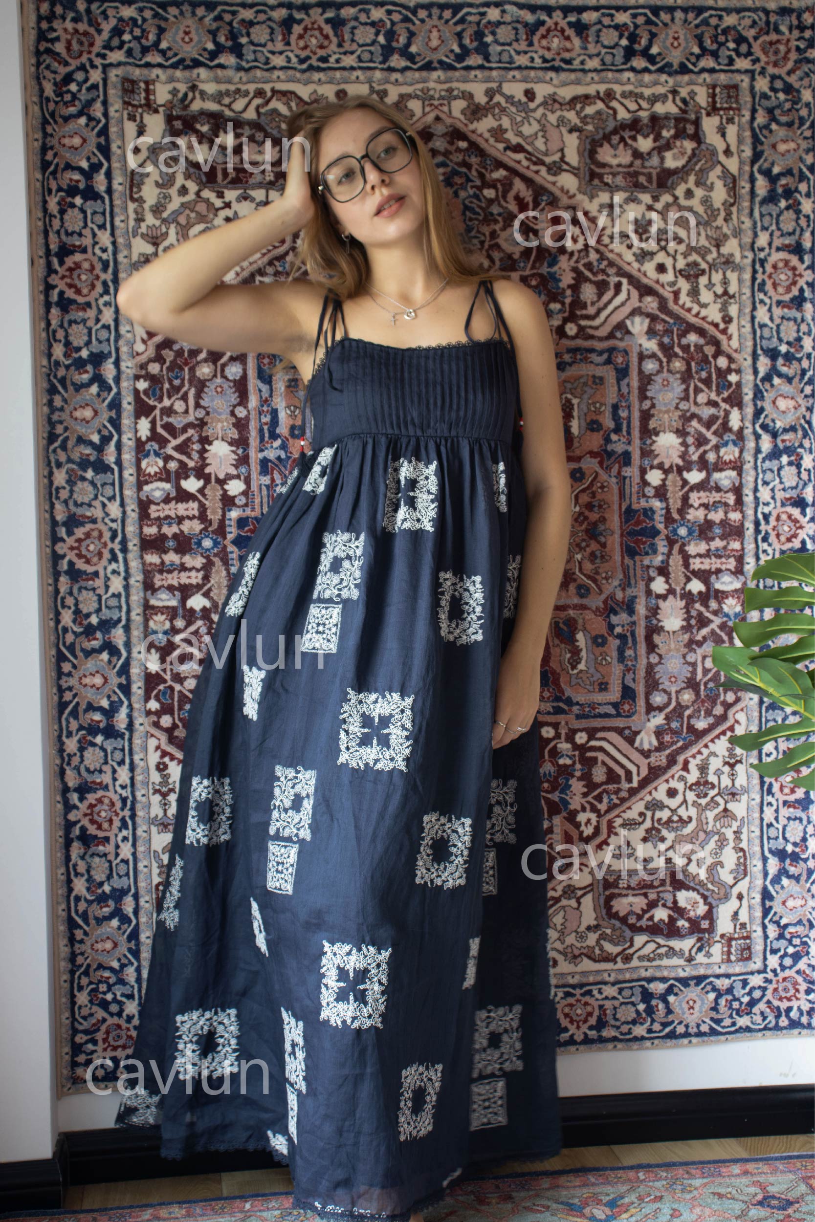 Navy Blue Geometric Print Strapless Maxi Dress