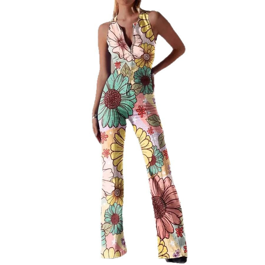 Retro Print Deep V - neck Flared - sleeve Jumpsuit