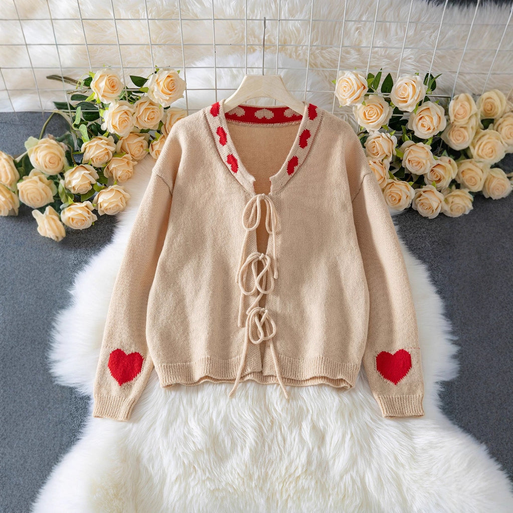 Camel Love - Pattern Tie - Front V - Neck Knit Cardigan