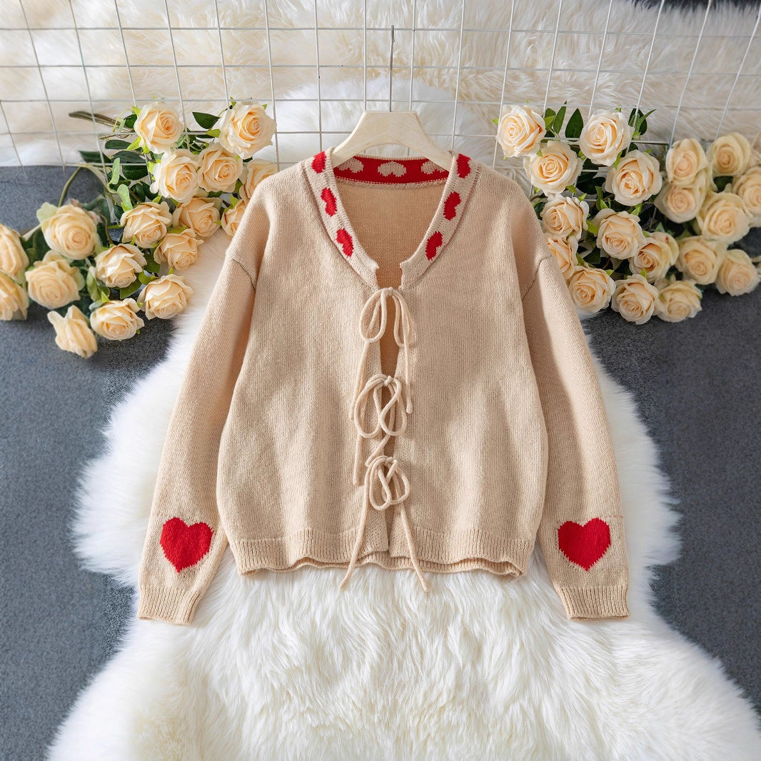 Camel Love - Pattern Tie - Front V - Neck Knit Cardigan