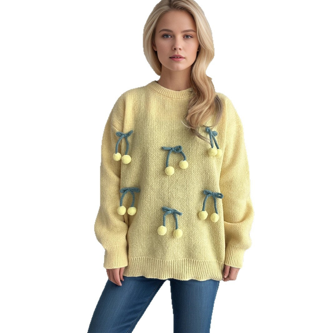Color - Blocked Three - Dimensional Cherry Knitted Loose Pullover Sweater