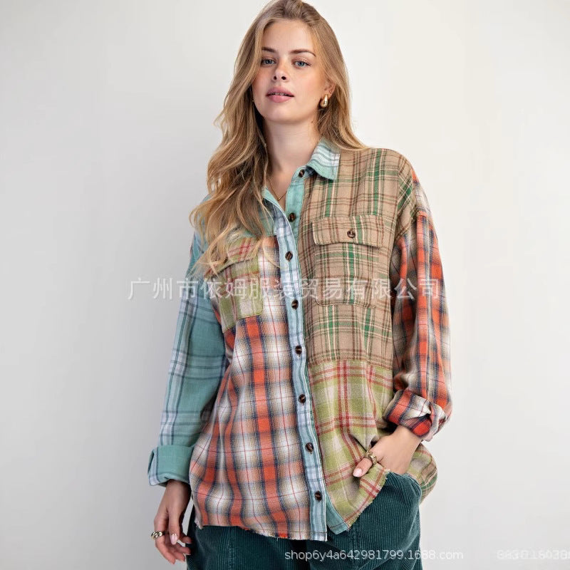 Color - Blocked Plaid Retro Loose Shirt