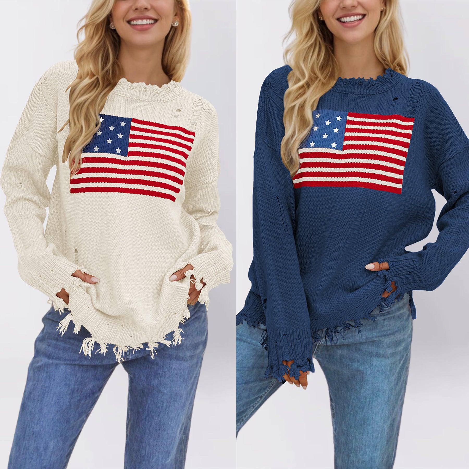 Distressed American Flag Pattern Knit Sweater