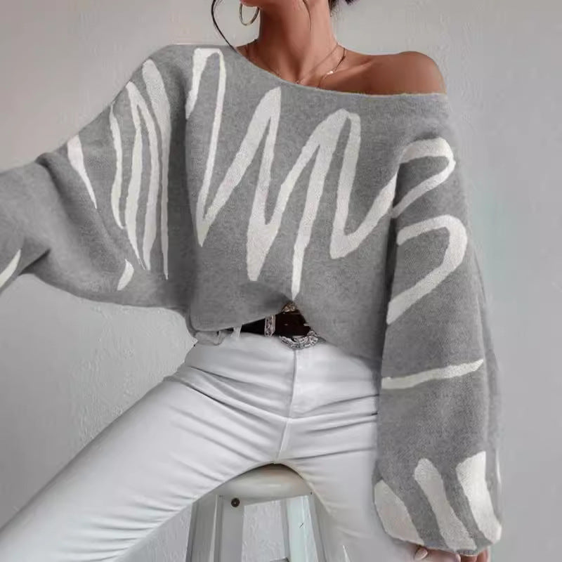 Abstract Line Pattern Lantern - Sleeve Knit Top