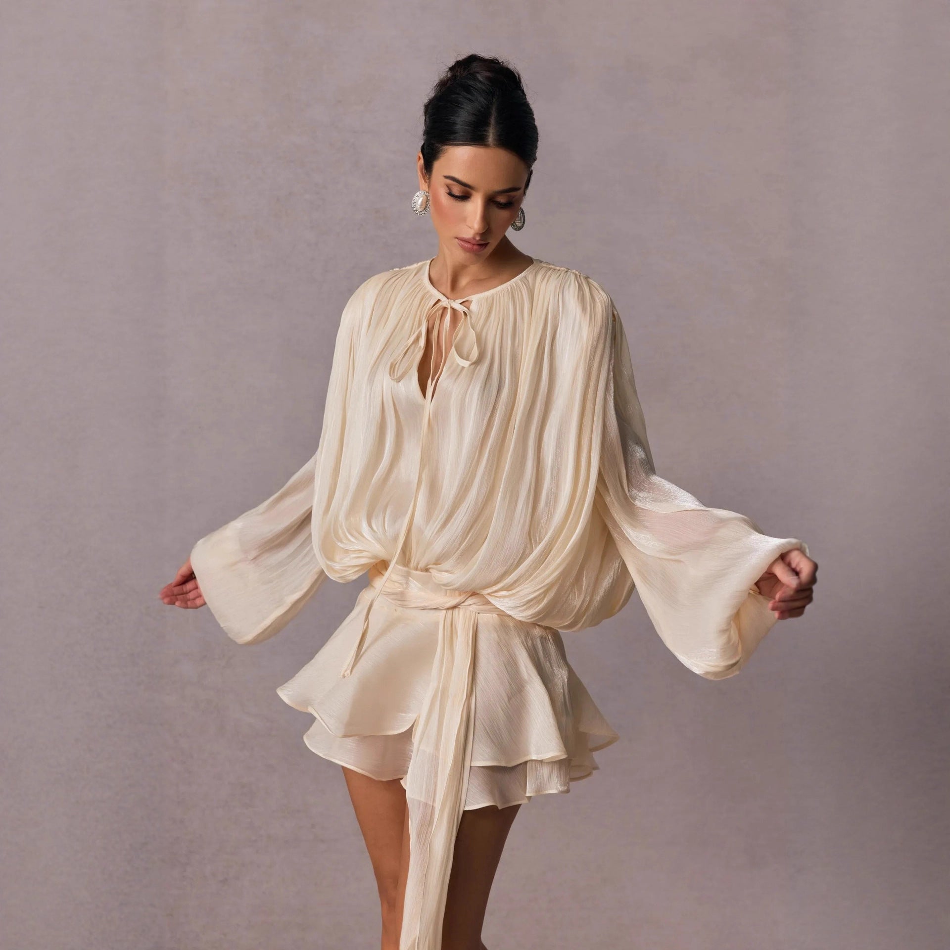 Women'S Solid Color Shirt Mini Dress V-Neck Long Sleeve Spliced Lace-Up Sweet Style Dress Women'S Clothing