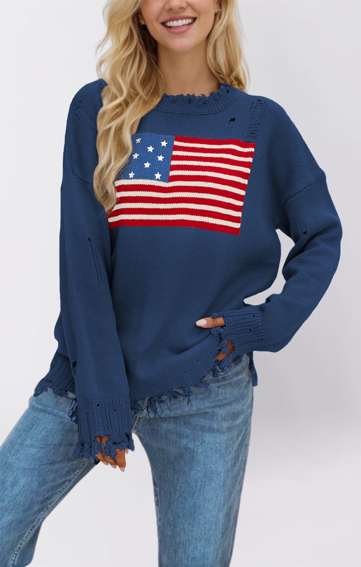 Distressed American Flag Pattern Knit Sweater