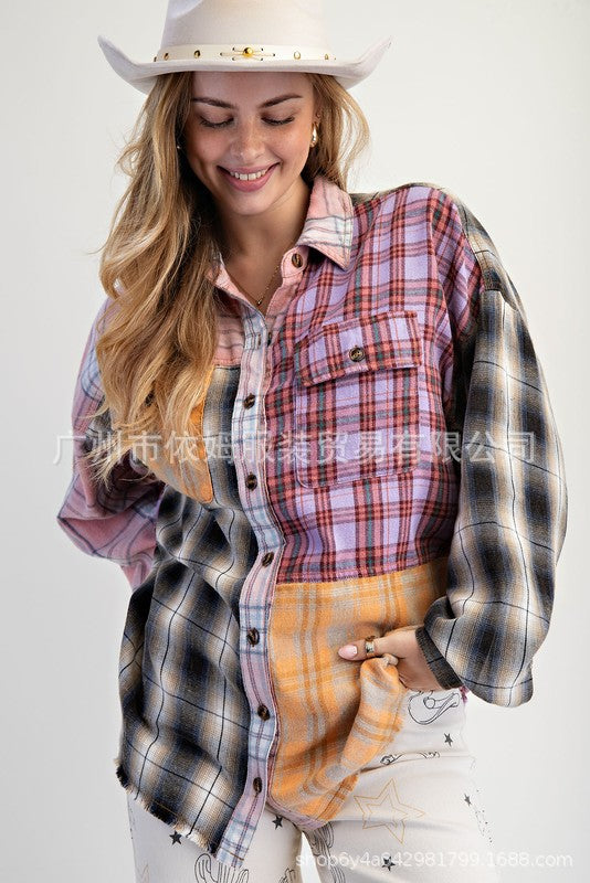 Color - Blocked Plaid Retro Loose Shirt