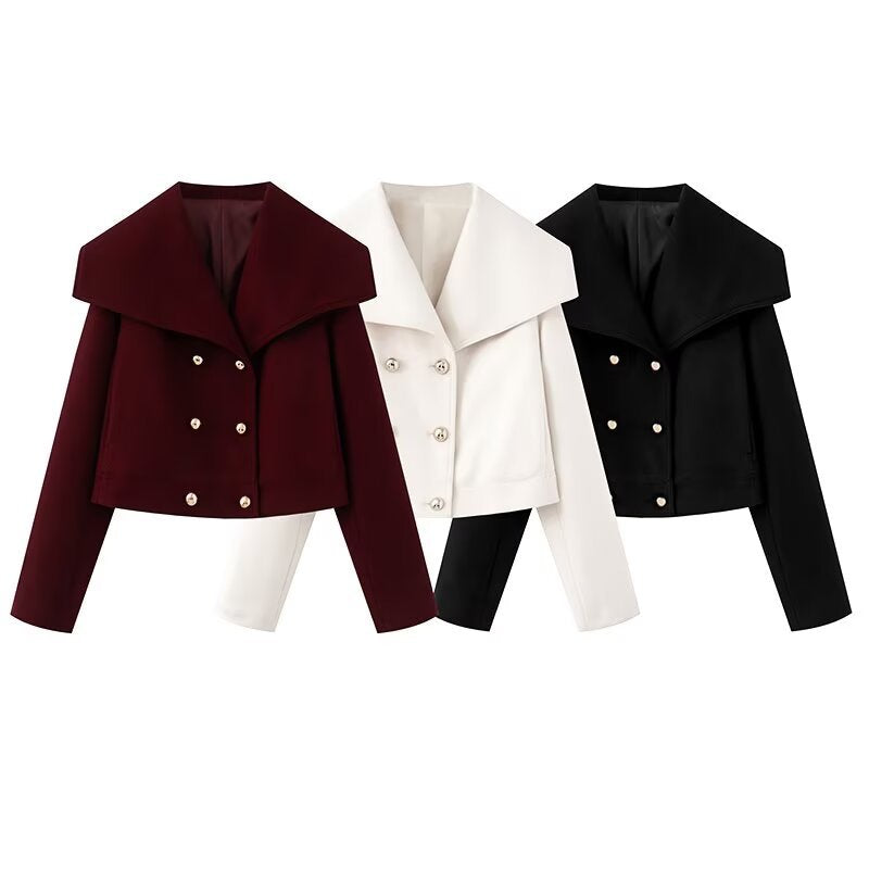 Crop Double - Breasted Wool Coat with Shawl Collar